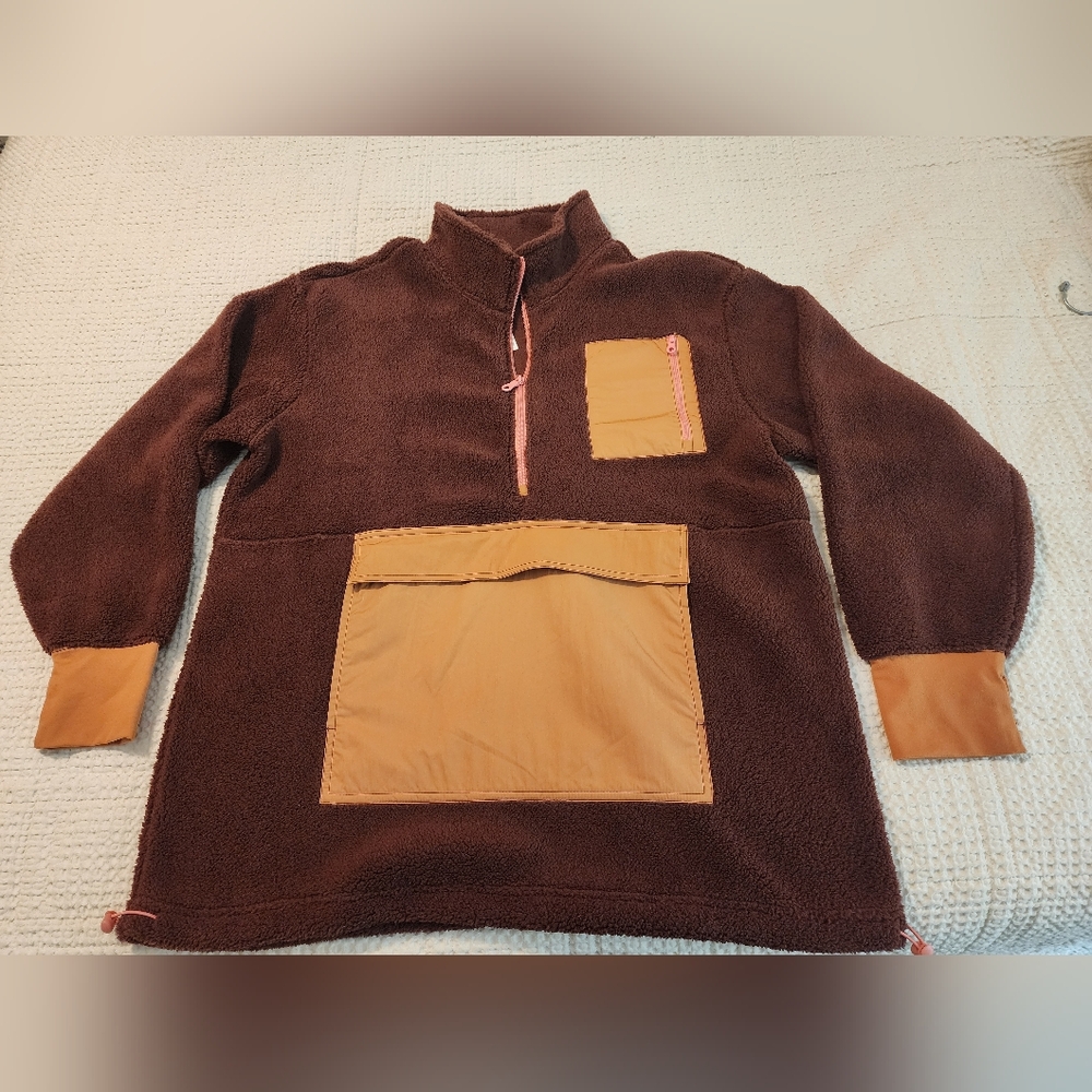 Aerie Women Brown Tan Pullover Teddy Fleece Large Gorpcorp Cabincore Athleisure